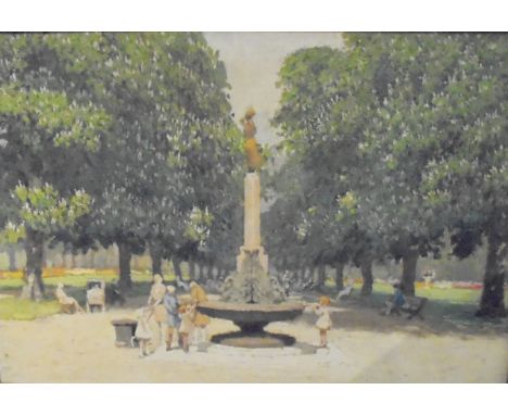 20TH CENTURY CONTINENTAL SCHOOL "Park scene with figures around a fountain", oil on canvas, unsigned, 51 cm x 76.5 cm, togeth