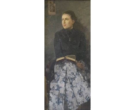 VASILY FILIPOVICH RUDNEV (b. 1928) "Natasha", young woman seated reading, a portrait study, full length, oil on canvas, signe