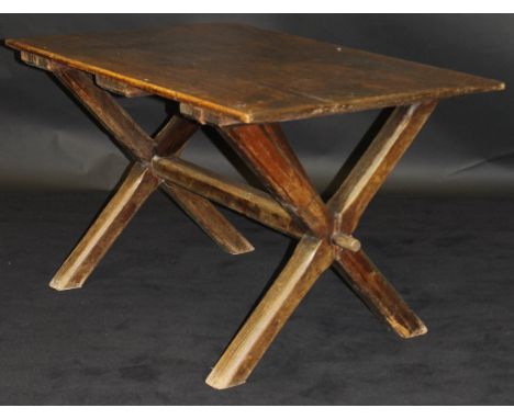 A 19th Century rectangular Provincial oak and pine tavern type table, the rectangular top with slightly chamfered edge, raise