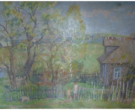K V CHURAKOV (20th Century) "Spring 1985", a rural dwelling with mother and child by picket fence gate, oil on canvas, signed