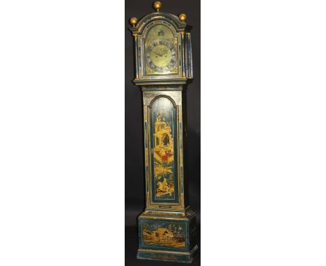 An 18th Century long case clock with blue ground chinoiserie decoration, the arch top surmounted by three gilt ball finials, 