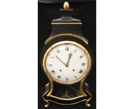 A 19th Century continental ebonised and gilt mantle clock, the white enamel dial set with both Roman and Arabic numerals with