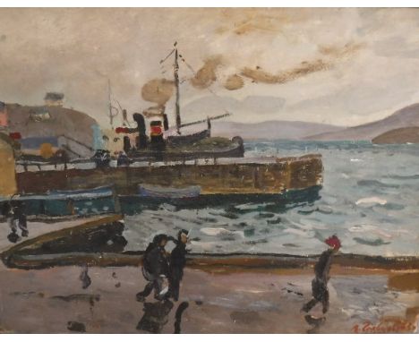 V GOLTSOV (20th Century) "Bay of the Barents Sea", study of moored vessels, figures on quayside in foreground, oil on board, 
