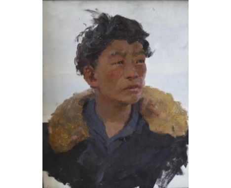 20TH CENTURY RUSSIAN SCHOOL "Mongol boy", a portrait study, head and shoulders, oil on board, unsigned, inscribed and dated 1