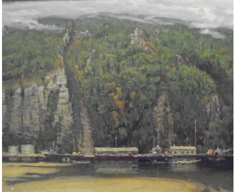 20TH CENTURY RUSSIAN SCHOOL "Estuary landscape with moored vessels and figures with rowboat in foreground, hills rising in ba