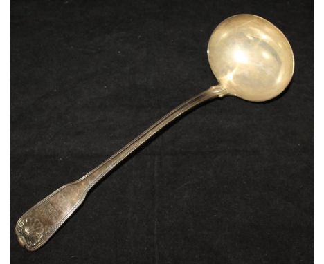 A George III silver soup ladle with Fiddle, Thread and Shell pattern (by Richard Crossley and George Smith, London, 1810), ap