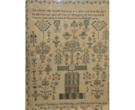 An early Victorian needlework tapestry sampler by Harriet Clements depicting Adam and Eve and a country house amongst vases o