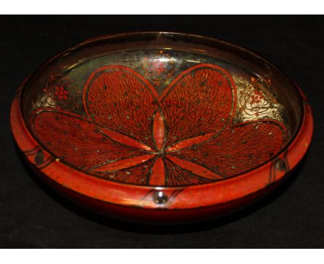 A Royal Lancastrian ruby red lustre bowl, the centre field decorated with flower head, marked to base "England 3246", 27.5 cm