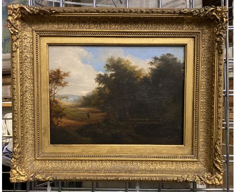 GILT FRAMED OIL ON PANEL OF WOMAN IN LANDSCAPE - IN THE CIRCLE OF JOHN CONSTABLE
