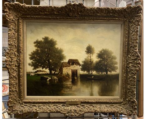 GILT FRAMED OIL ON PANEL OF BARBIZON LANDSCAPE BY GILBERT MUNGER