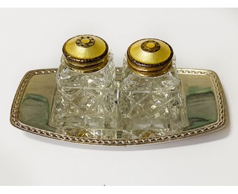 SILVER &amp; ENAMEL SALT &amp; PEPPER ON TRAY