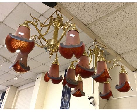 PAIR OF BRASS &amp; GLASS ART NOUVEAU STYLE CHANDELIERS