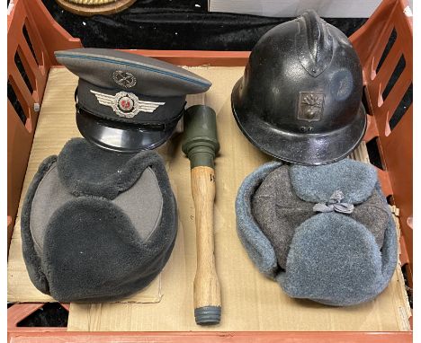 4 OLD MILITARY HATS &amp; PRACTICE STICK GRENADE