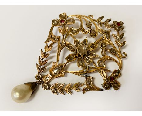 9CT GOLD VINTAGE ROSE CUT DIAMOND BROOCH WITH RUBIES &amp; NATURAL PEARL