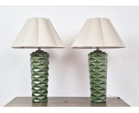 TABLE LAMPS, a pair, green glazed ceramic, with shades, 64cm H approx. (2)
