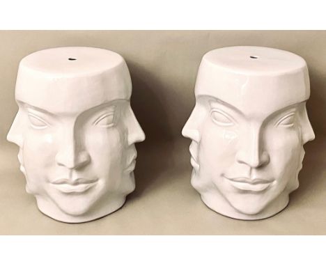 BARREL STOOLS, a pair, surrealist style, glazed ceramic, 44cm x 38cm x 38cm. (2)
