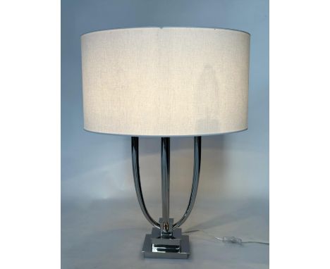 TABLE LAMP, contemporary chrome with four branch candelabra and linen drum shade, 69cm H.