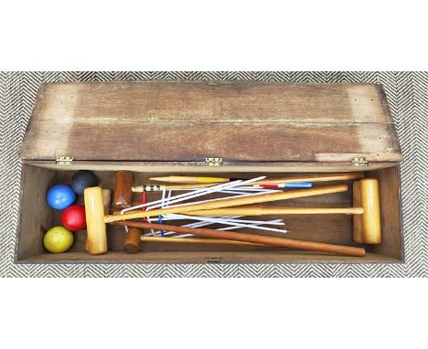 BOXED CROQUET SET, oak box, 23cm H x 122cm x 32cm.