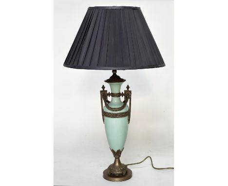 TABLE LAMP, Italian vase form green glass and gilt metal mounted with shade, 79cm H.