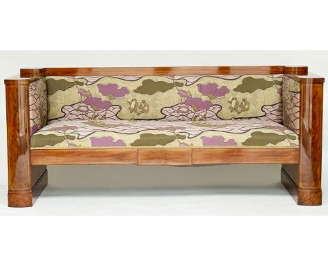 ART DECO SOFA, early 20th century flame mahogany and satinwood line inlaid with period style twill fabric upholstery (frogs a