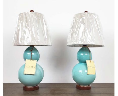 LAUREN RALPH LAUREN HOME TABLE LAMPS, a pair, double gourd design, glazed ceramic, with shades, 53.5cm H approx. (2)