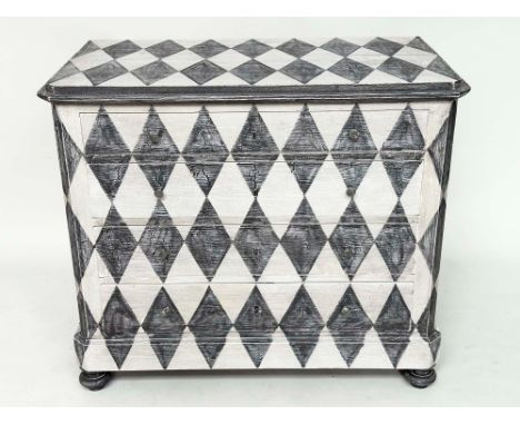 HARLEQUIN COMMODE, 19th century Continental craquelure painted with four long drawers and toupie front supports, 84cm H x 98c