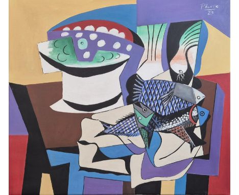 AFTER PABLO PICASSO, 'Still Life with Fish, 1923', oil on canvas, 80cm x 90cm.