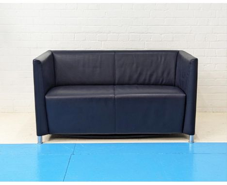 WALTER KNOLL NORMAN 350 SOFA, two seater in blue leather on brushed metal legs, 73cm H x 135cm W x 68cm D.