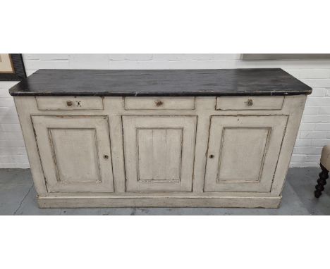 SIDEBOARD, grey and black painted, three drawers above three door base compartment with shelf, 190cm x 53cm x 93cm approx.