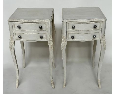 BEDSIDE/LAMP TABLES, a pair, Italian Louis XV style grey painted, each with drawer and shaped supports, 37cm W x 38cm D x 70c