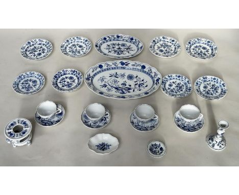 PART TEA SERVICE BY MEISSEN, Meissen 'blue onion' pattern, including plates, cups, candlesticks and night lamp holder, 26 pie
