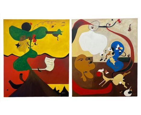 AFTER JOAN MIRO, 'Portrait of Mistress Mills' and 'Dutch Interior II', oils on canvas, each 100cm x 90cm. (2)