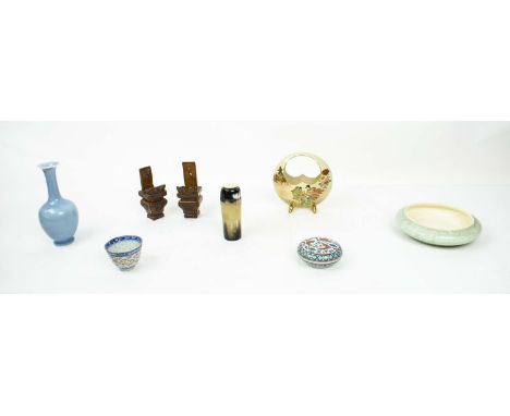 QUANTITY OF ORIENTAL ITEMS, including a Chinese monochrome blue vase with character marks, a famille verte seal box, a satsum