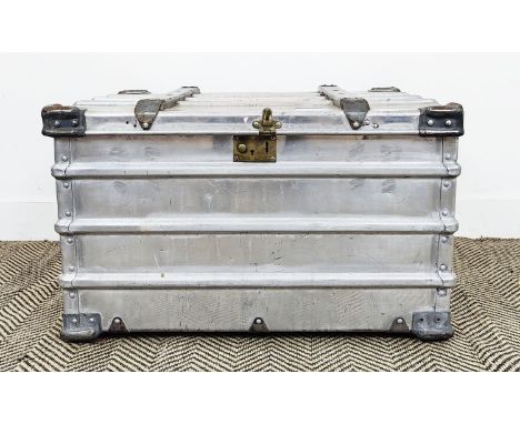 TRUNK, ribbed metal and wood, 52cm x 73cm x 43cm approx.