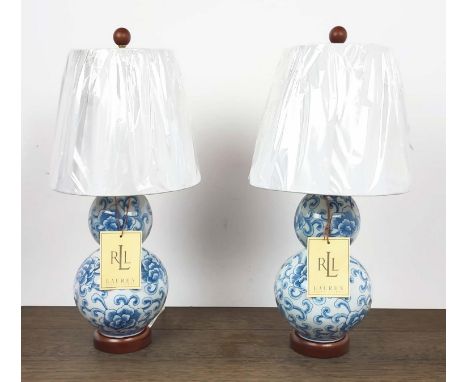 LAUREN RALPH LAUREN HOME TABE LAMPS, a pair, glazed blue and white ceramic, with shades, 53cm H approx. (2)