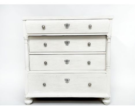 COMMODE, 19th century Danish grey painted and silvered metal with four long drawers and pillars on turned supports, 85cm x 47