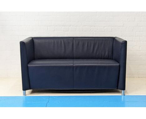 WALTER KNOLL NORMAN 350 SOFA, two seater in blue leather on brushed metal legs, 73cm H x 135cm W x 68cm D.
