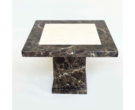 LAMP TABLE, square marble raised upon conforming plinth base, 65cm x 65cm x 52cm H.