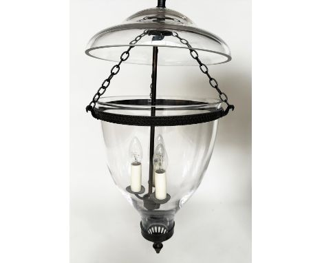 BELL JAR HALL LANTERN, large bell jar glass, lidded with three branch candelabra, 55cm H.