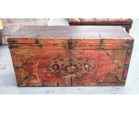 A SOUTH ASIAN PAINTED TRUNK, plank construction, iron bound, probably 18th/19th century, 52cm H x 100cm W x 43cm D.