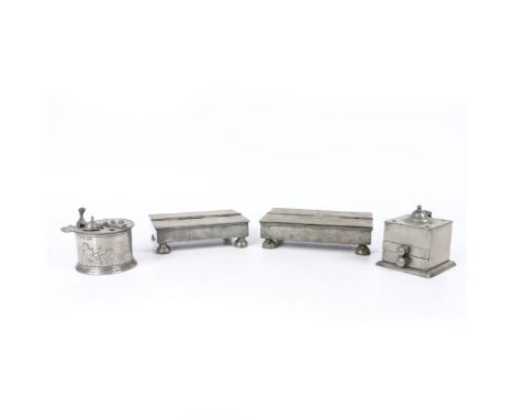 Of typical rectangular form, with two hinged lidded compartments, one with three compartments, including a pounce pot, larges