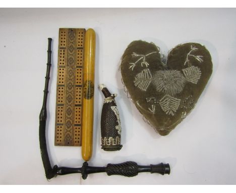 A Victorian Valentine's beadwork heart-shaped pin cushion, a Mauchline ware needlebox "East Grinstead", a Tunbridgeware vesta