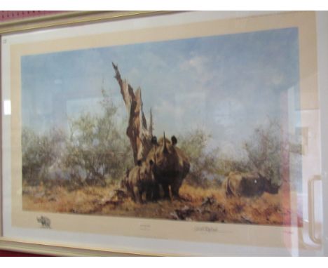 A limited edition lithograph of Black Rhinos facing forwards entitled "Rhino Beware", signed in pencil lower right by David S