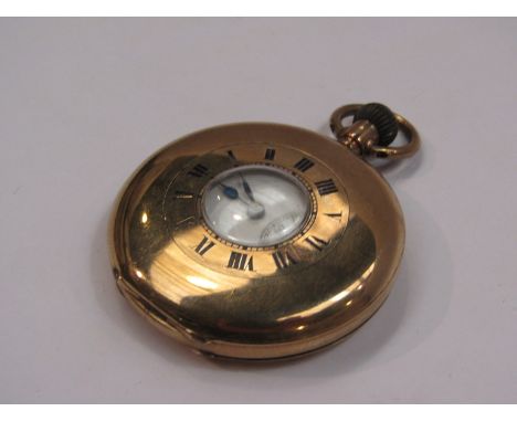 A 9ct gold half hunter pocket watch, black enamelled outer chapter ring, subsidiary second, hairline to enamel face, 73g tota