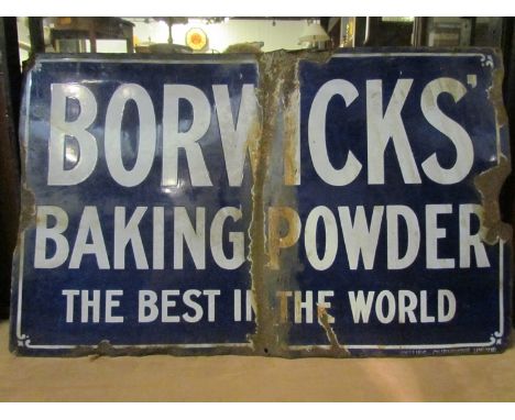 A vintage Borwicks Baking Powder enamel sign a/f, 61cm x 38cm