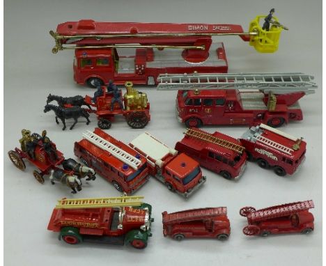A collection of toy fire service vehicles, eleven in total, including Corgi Major Toys Simon Snorkel Fire Engine, Matchbox Ki