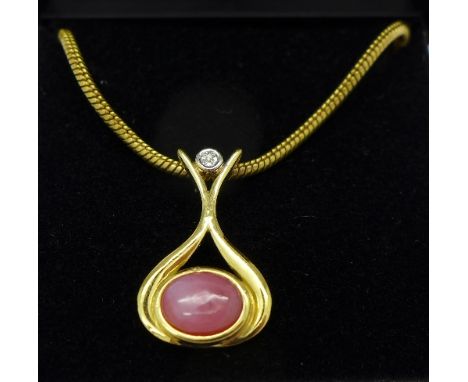 A silver gilt, pink opal and diamond pendant