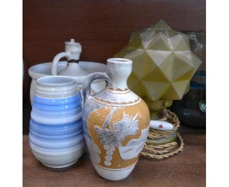 A Shelley vase, a chamber pot with transfer decoration inside and out, an early 20th Century table lamp and Cyprus Wine Festi