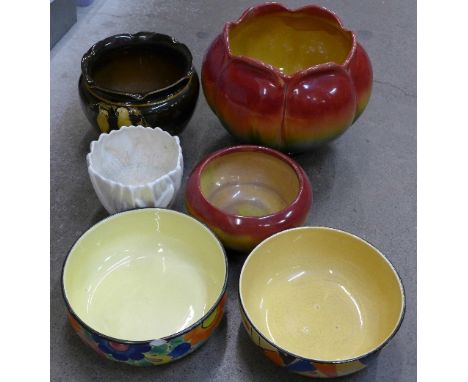 A Bretby jardiniere, a Raviscart jardiniere, two Art Deco fruit bowls, one a/f, a Bretby style jardiniere and a Sylvac plante