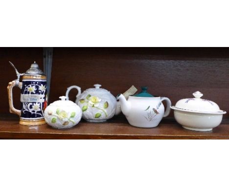 A Coalport china teapot and sugar basin decorated with applied roses, a Denby Greenwheat teapot, a stein and a floral soap di